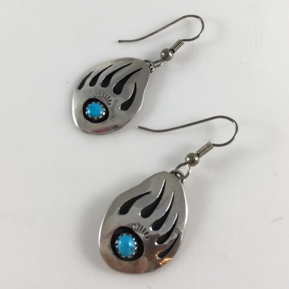 Silver Turquoise Bear Claw Earrings Santa Fe NA - Picture 2 of 6